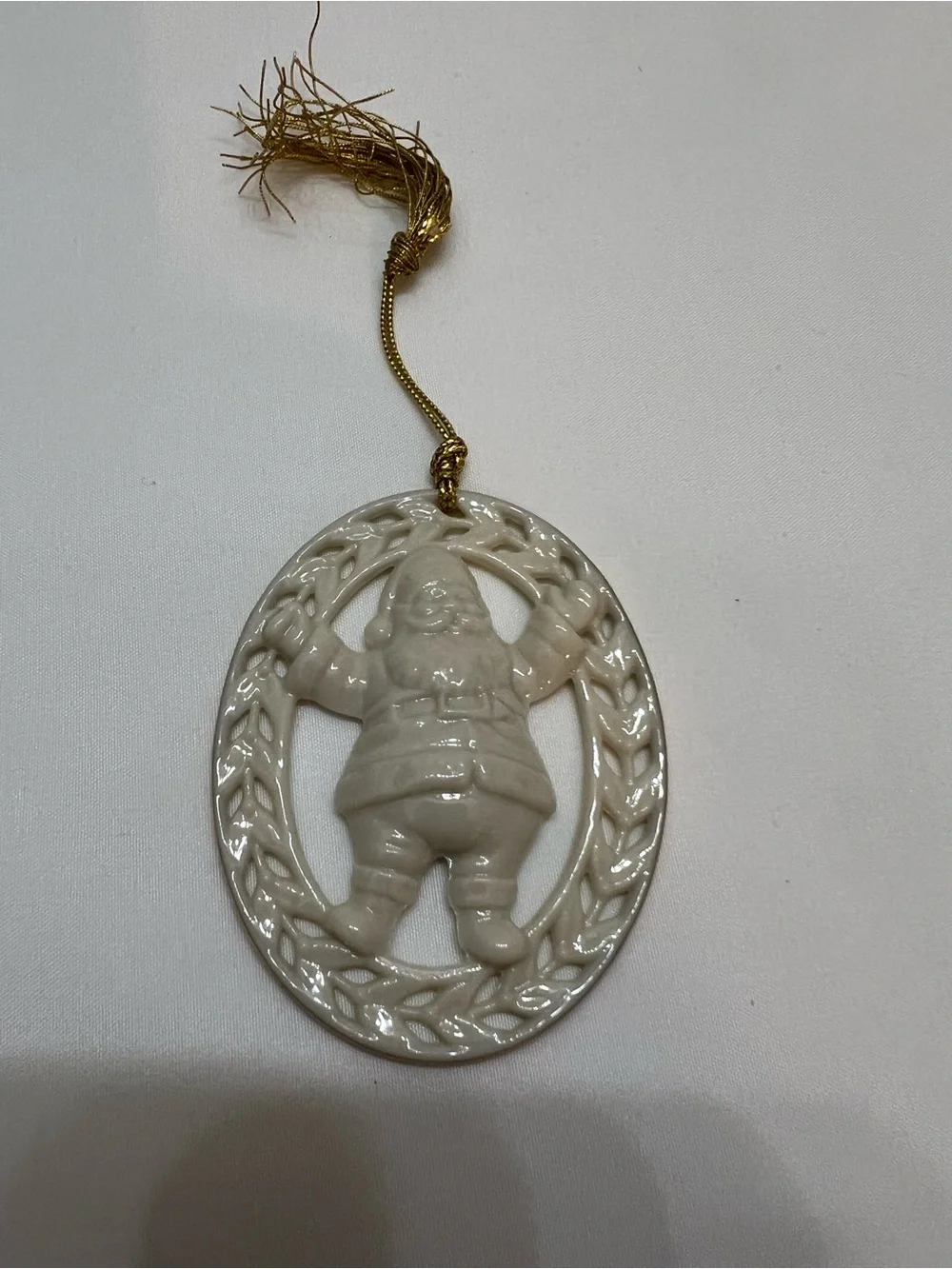 Lenox 1986 Yueltide White Ceramic Santa Hanging Ornament with Gold Cord